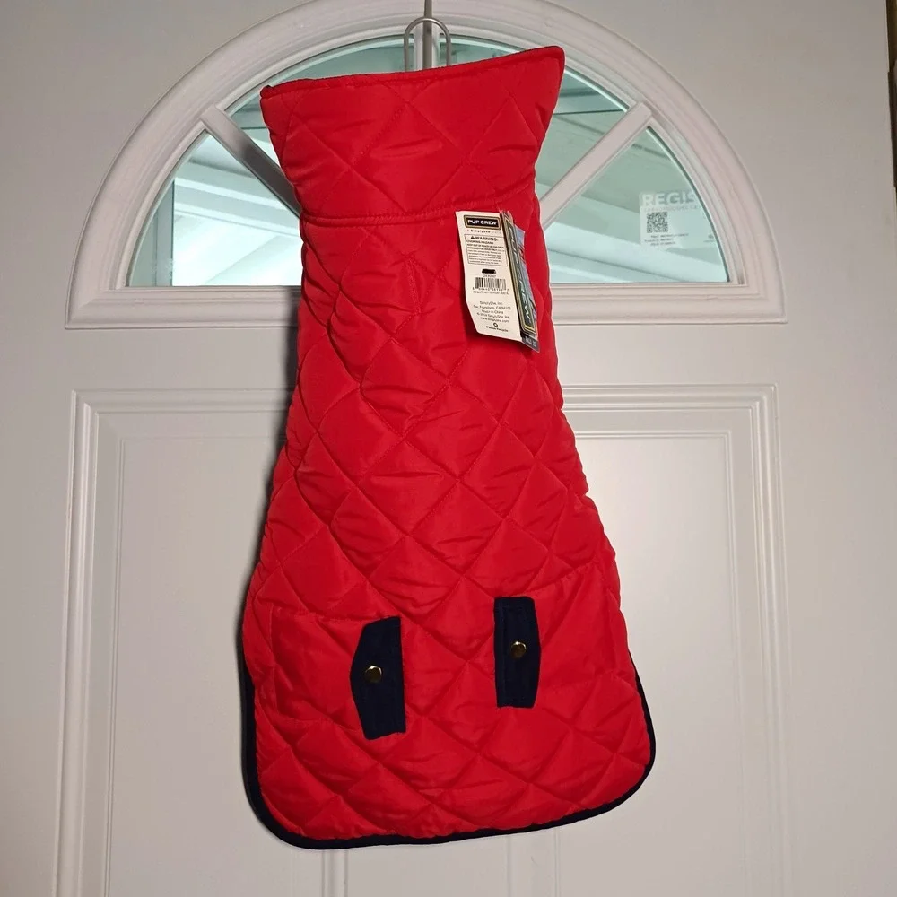 Pup Crew Quilted Dog Coat/Jacket XL Red w/ Navy Trim Polyester Fall Winter